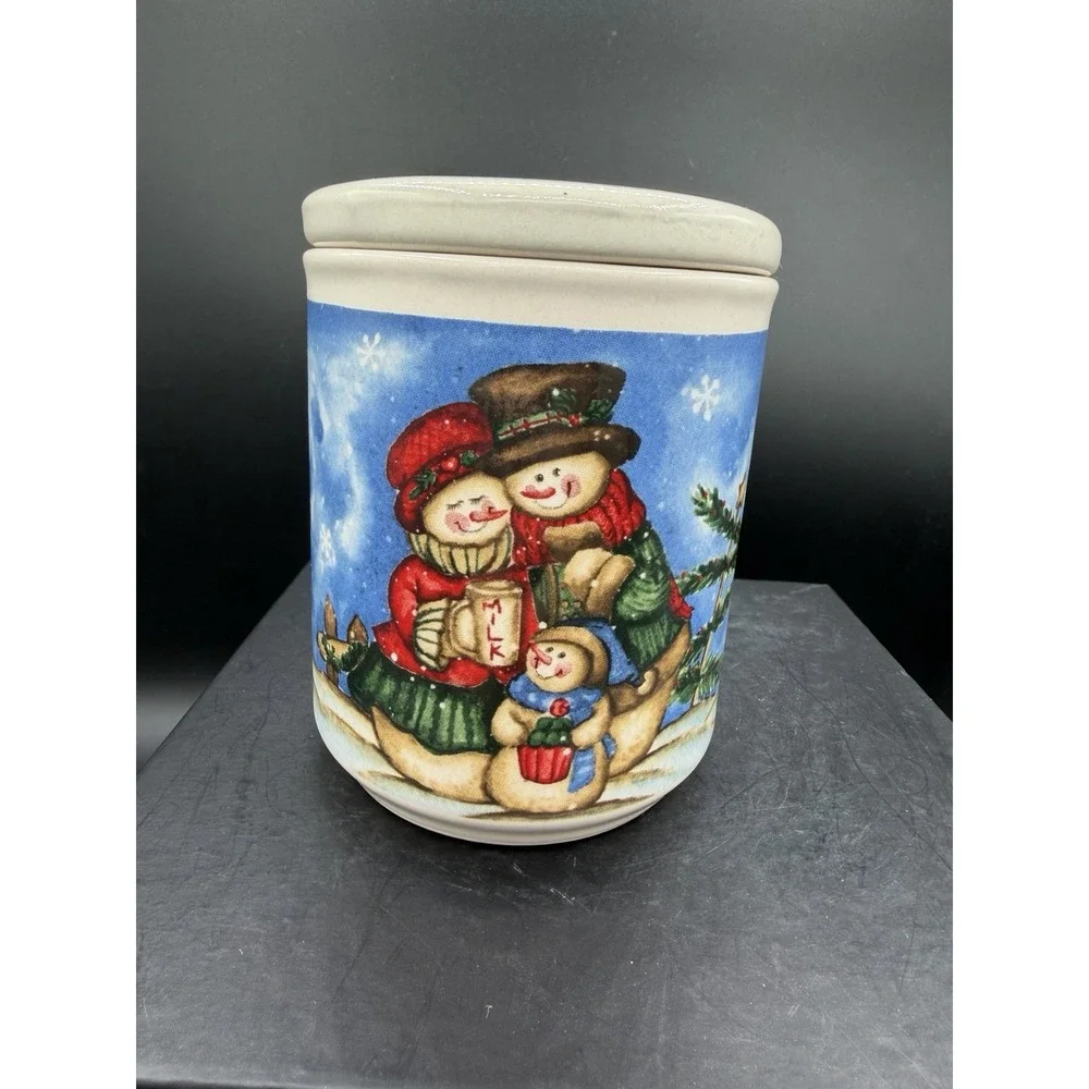🎄 Merry Brite Christmas Snowmen Stoneware Canister Jar w/ Lid ☃️